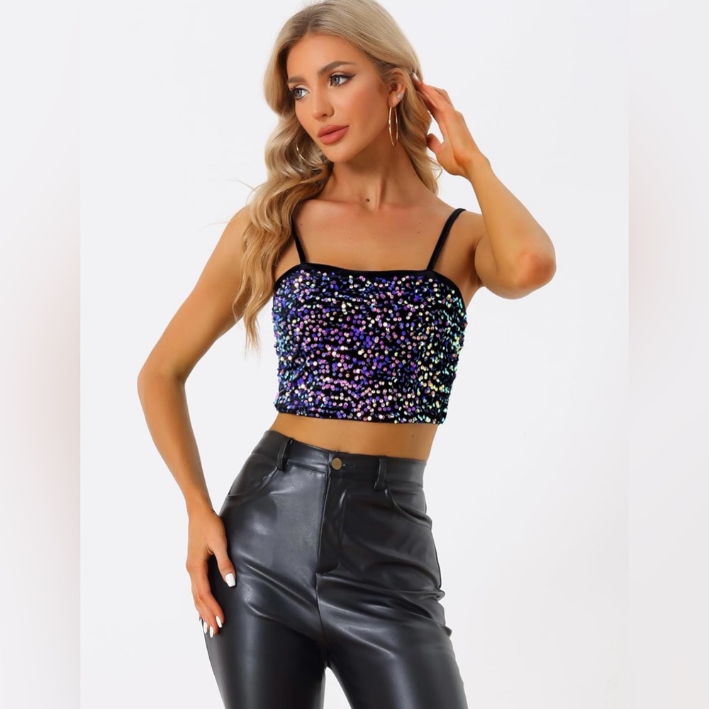 Allegra K Sequined Cami Top With Velvet Straps